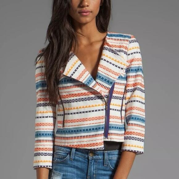 Trina Turk Women's Orange Blue Embroidered Beatrix Moto Zip Jacket Size 6 - Picture 1 of 10